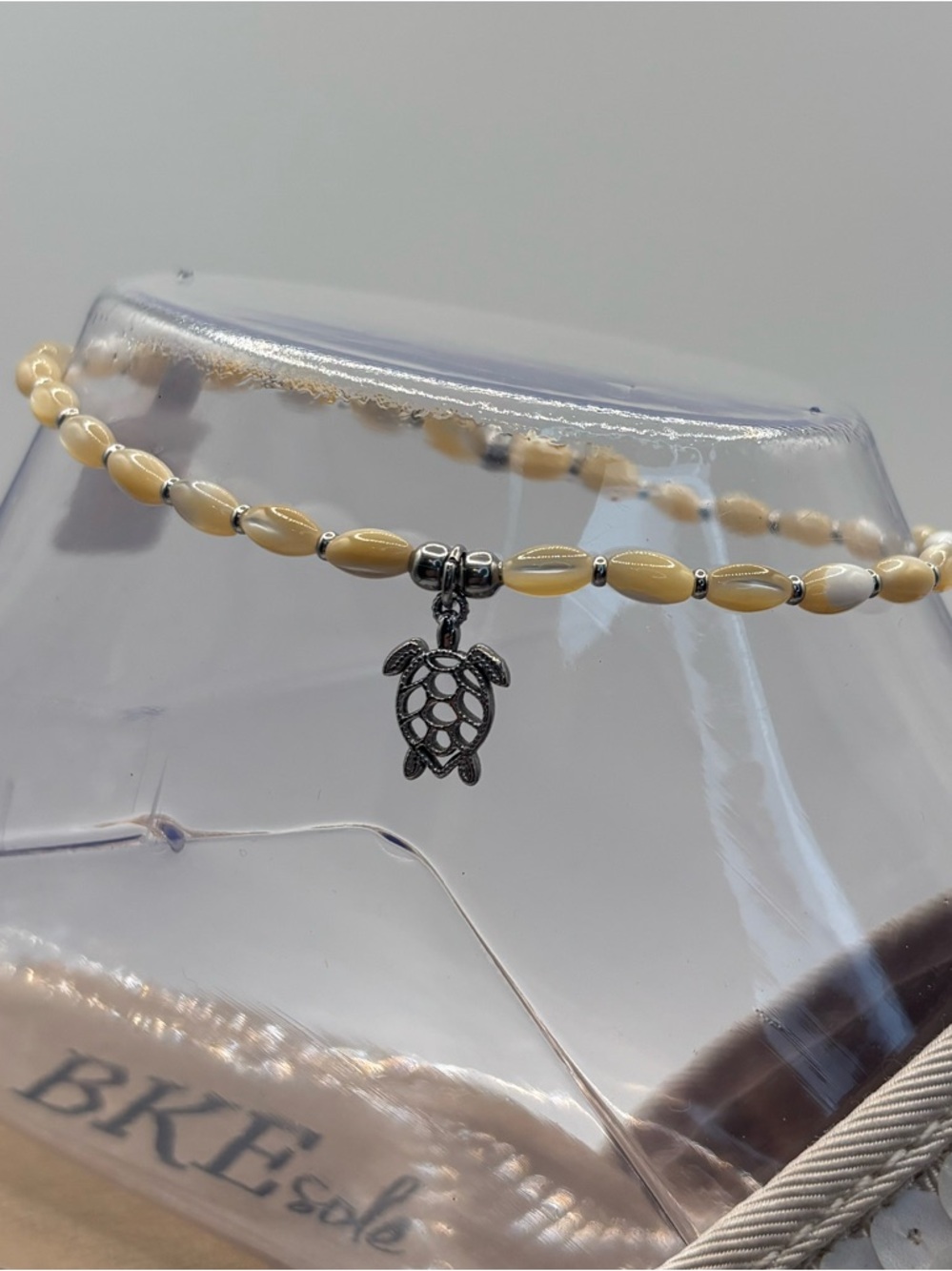 *Anklet* S. Steel Silver Sea Turtle with Natural Shell Stretchy Ankle Bracelet - Picture 5 of 6